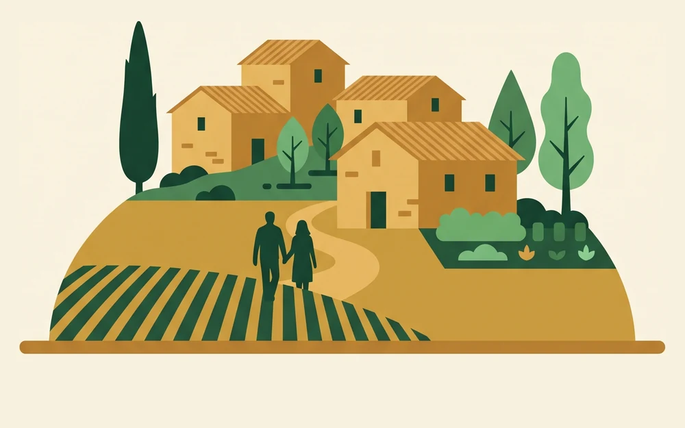 Un pueblo de piedra de Castilla y León entre campos de cereal, con la iglesia, un huerto y gente caminando por el sendero de entrada.