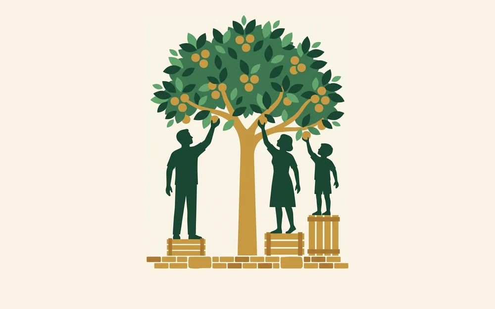 Varias personas de distinta altura recogiendo fruta de un mismo árbol, cada una con un cajón de distinto tamaño bajo los pies para alcanzarla.