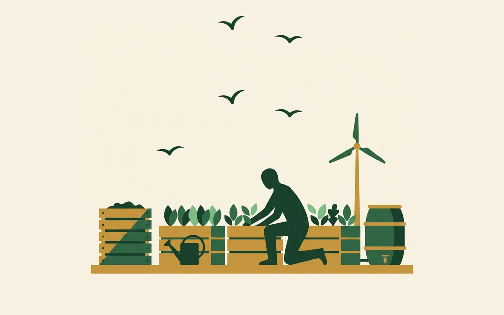 Una huerta con bancales, un compostador de madera, una regadera y un molino de viento pequeño al fondo.