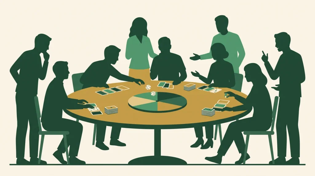 Ilustración de un grupo de personas jugando a las cartas y dados alrededor de una mesa con un tablero en forma de rueda, en el estilo gráfico del sitio.