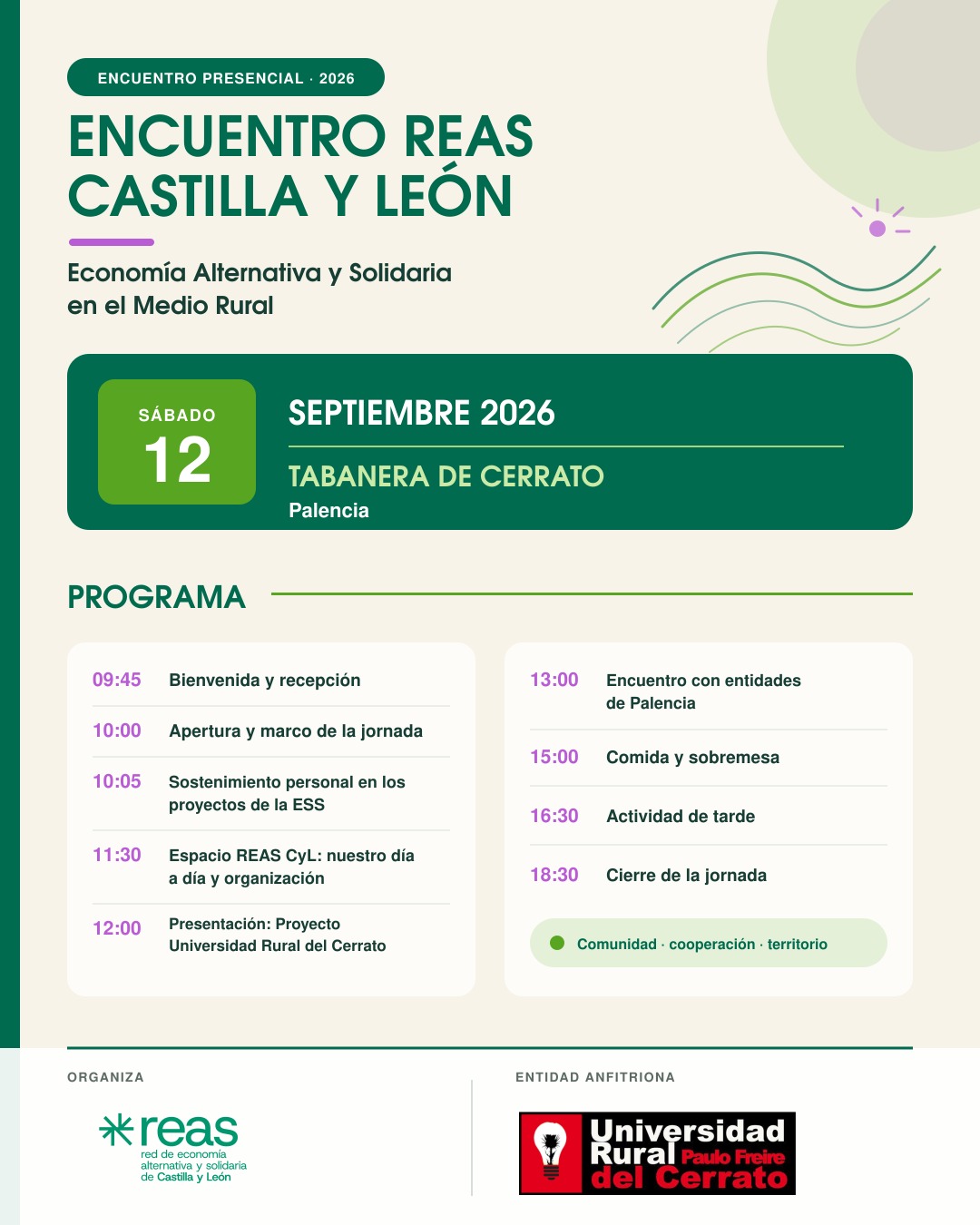 Cartel del Encuentro REAS Castilla y León 2026, sábado 12 de septiembre en Tabanera de Cerrato, Palencia